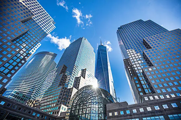 Low angle shot of one world trade center in Lower Manhattan, New York, USA Low angle shot of one world trade center in Lower Manhattan, New York, USA